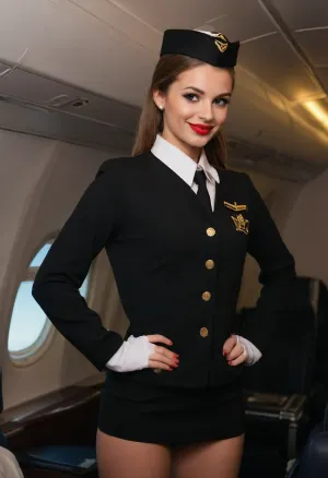 Russian girl, beautiful young female flight attendant, (smile), (looking at viewer), perfect body, perfect round ass, ((bend over a seat)), ((18 years old)), beauty, ((skinny)), detail skin, ((long legs)), stockings, face, pretty face, young, ((young face)), black ponytail, red lips, (((plump lips))), perfect ears, perfect hands, makeup, (((flight attendant jacket))), (((short flight attendant skirt:1.2))), (((flight attendant hat))), no bra, cleavage, big tits, green big eyes, pearl earrings, black panties, (ring), (surprised), in airplane cabin, detailled eyes, photography, highly detailed, sharp focus, studio photo, intricate details
