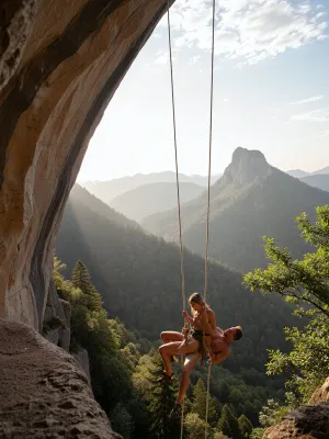 A high-resolution vertical adventure photograph shows a couple making love suspended in mid-air by twin ropes beneath an impressive rock overhang. Taken from a slight distance, the photo reveals a textured limestone ledge in the foreground on the left. The twin ropes descend from the top edge to the two harnessed climbers. The woman is seated on the man's penis as he lies prone. Their legs dangle, their shoes are visible, and their spontaneous expressions betray pleasure and excitement. In the background, tiered mountain ranges and a sunlit valley carpeted with dense, verdant forest, a jagged peak in the distance, and a slightly cloudy sky. The natural light, with its soft, slightly warm highlights and gentle shadows, provides rich, realistic colors. The great depth of field ensures optimal sharpness of both the climbers and the landscape. The composition uses negative space to suggest height and vertigo, ropes as guidelines, rock as a frame, emphasizing texture, atmospheric mist over the mountains, cinematic clarity, and an atmosphere of adventure.