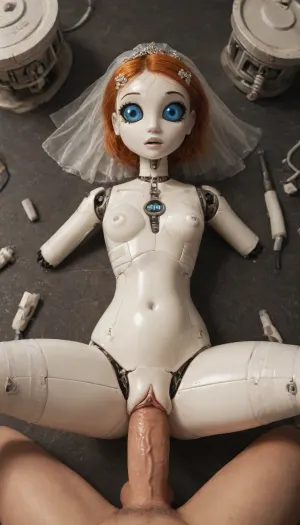 (Jack cayless art style), (full Amputee:2), (Amputee:2), divided, The robot is divided into parts. bride, a woman robot, robot, not human, ginger, white plastic skin, the man pulls the robot's legs towards robot, the penis is fully immersed in the robot, (huge penis:1.5), (deep penetration:1.99), lying on one's back, The man pulls the robot's legs towards him. The penis is fully immersed in the robot, (white skine:2), (belly bulge:1.2), with a big dark pussy, curved up, squatting, legs wide open, seen from below, full body image, robot is huge, imposing, strong, industrial strength, 10feet tall, robogirl, 1robogirl, cyborg style, blue eyes, mechanical parts, spine, android, cyborg, science fiction, high quality, high resolution, legs behind head, harness, garter, straps, cupless, bra, pm1s, girl, pov, penis, victorian, dress, neotech, glowing, scifi, <lora:cyborg_style_xl-alpha:.8>, <lora:Harness_Straps_sdxl:.8>, <lora:pm1s:1.9>, <lora:victorian_dress-XL-2.0:2>, <lora:NeoFuturisticTechXL:.8>
