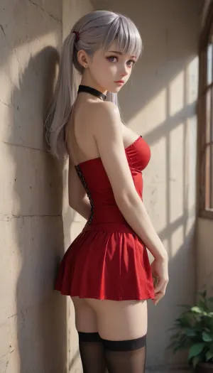 Noelle silva from black clover, long silver hair, ponytails, bold purple eyes, C size breasts, thin waist, slender thighs, slim legs, hourglass figure., Red leather corset, off the shoulder, mini skirt, black choker, thigh high stockings, side view, hands on wall, back arched, looking over her shoulder.