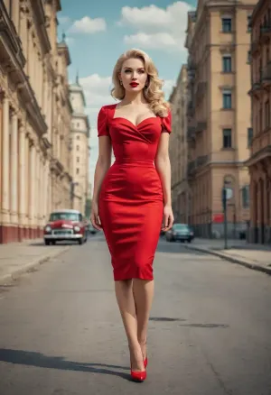 (in Valery Barykin pin-up style), hot blonde in red dress walking down the street, Stalin empire style buildings in background