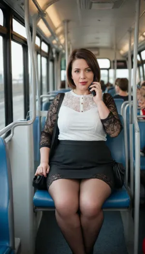 The front view. An 48 years old chubby mature woman is sitting with spread legs on a bus seat, she's pressing her handbag against her. She is a brunette, short straight bob hair. She is wearing a tight white sheer top, a black social suit, and a black skirt, red lace transparent panties visible under black sheer panyhose. Viewer is sitting 5 seats far away from her and secretly taking pictures with a smartphone. She's looking at viewer while she's talking on the phone with a kinky and naughty gentle smile. There are a lot of people on the bus, and people are standing and sitting in the background. Daytime, sunlight sparkling the scene, soft lighting.