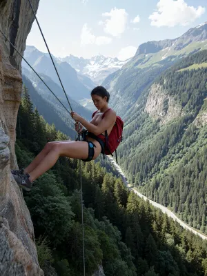 A woman is rappelling down a steep cliff face, suspended by ropes against a dramatic mountain landscape. She is positioned centrally in the frame, descending on a rope system with a harness, her body angled slightly toward the camera. Her dark hair is pulled back, and she has a focused expression, looking down as she grips the ropes. A red backpack is visible behind her. The scene is set in a vast mountain valley with lush green forests and distant snow-capped peaks under a bright, partly cloudy sky. The lighting is natural daylight, creating soft shadows and highlighting the textures of the rock face and foliage. The composition emphasizes the height and scale of the environment, with the cliff edge framing the left side of the image. The overall style is realistic and outdoor adventure-oriented, capturing a moment of action and exposure in a rugged natural setting. The image has a slightly grainy, candid quality, suggesting a real-world photograph rather than a stylized render.