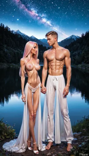 Boy and girl, inlove, romantic couple, holding hands, night, Starry sky, romantic, tree, mountain, lake, 1girl, white bebydoll dress, see-through, standing, excessive long straight hair, hyper long hair, pink hair, excessive massive sidelocks, dark pink eyes, large breasts, Lace Sheer Panties, 1boy, abs, grey hair, grey eyes, Men's white pajamas, topless male, (Ultra skinny excessive skinny extremely skinny bimbofication:1.6)