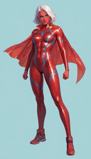 full body view, Superheroine, red skin, long white hair, bright blue eyes, athletic body, (totally naked under fully transparent bodysuit), transparent short cape, dynamic fighting stance, modern city at night background