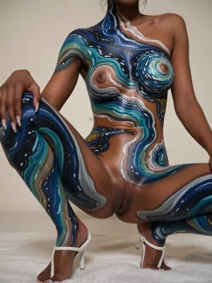 A full-body, low-angle shot captures a person in a seated, crouched pose, their body entirely covered in intricate, swirling body paint. The composition emphasizes the torso and legs, with the figure positioned against a plain, off-white background that isolates the subject. The body paint features a dynamic, fluid pattern reminiscent of Van Gogh’s "Starry Night, " with thick, expressive brushstrokes in deep blues, teal, turquoise, and earthy browns, accented with white highlights. The paint follows the contours of the body, creating a sense of movement and texture. The person has a dark skin tone, and their hands are visible, one resting on the knee, with painted fingers and manicured nails. They wear simple white strappy sandals. The lighting is soft and even, likely studio lighting, which highlights the glossy finish of the paint and the three-dimensional form of the body. The overall style is a blend of body art and fine art photography, with a focus on the interplay between the human form and abstract expression. The image is a close-up, capturing the upper legs, torso, and arms, emphasizing the artistic transformation of the body into a living canvas.