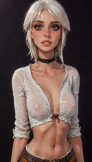 (reiq meets innv and Jack cayless art style), (Incase style:1.2), beautiful girl, (ciri), (face focus:1.3), friendly slight smile showing her teeth, (face closeup), (hip gap:1.4), (((solo))), (black choker), (narrow waist:1.2), (sexy abs:1.3), (ruined makeup:.6), bangs over eye, (symmetrical eyes), snub nose, plumb lips, parted lips, teeth visible, half-closed eyes, (small breasts:.6), (erect puffy nipples:.7), 1girl, ((face focus)), beads of sweat, sweat body, beautiful curves of the body, realistic detailed, deep insertion, intim light, (ciri outfit:1.6), (simple dark background:1.8), skin texture, futuristic-fantasy-anime, <lora:sd_xl_turbo_lora_v1-64dim:2>, <lora:futureistic_fantasy_anime_sdxl_v1:2>, <lora:SDXL_BetterFaces-LoRA_v1:.8>, <lora:Witcher3TurnXL_v1:.8>