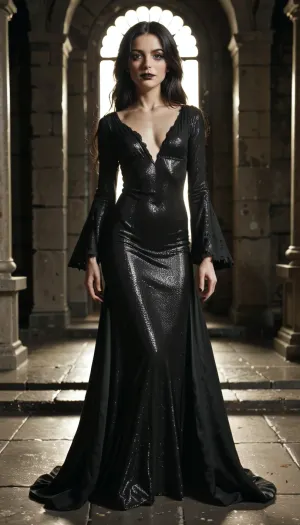 solo adult futanari, morticia addams, standing in underground crypt, androgynous, elegant, slim, lithe, very long black hair, small breasts, (1930s dress, black sequin dress, cowl neckline, fabric folds, long sleeves, tattered sleeves, floor-length dress, tight dress, wide sleeves, mermaid skirt:1.1), bare neck, exposed collarbone, dark red fingernails, black lipstick, sunlight through high window, cinematic lighting, (warm skin tones:1.2), dramatic contrast, photograph, (detailed face, detailed skin texture:1.2), (detailed fingers, detailed hair:1.1), <lora:cfg_scale_boost:.5>, <lora:TQ_-_Glass_Fragments_XL-000006:.8>