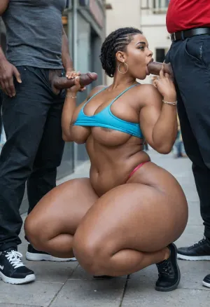 a big ass black woman, she has thick juicy thighs and curves, she's black African with dark skin, She's giving blowjob, she's tied both hands, she's forced to give blowjob and anal fuck 2 menn, the woman is voluptuous with big ass and thick thighs, the scene is public streets with people passing, (thick thighs 1:2), (curves 1, 3)