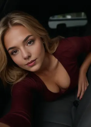 Extremely realistic and extremely detailed, lifelike pores and skin and labia folds and vaginal opening, wet juicy vagina, 18 yr old blonde girl with straightened messy dark blonde gen-z hair with big brown eyes but her eyes are a bit closed. The picture is artistically aligned in such a way that her nose is always aligned vertically in the shot regardless of her surroundings. Really cute and smooth skin. Close up selfie of her turned on her side with one arm reaching out of the image behind her and you cant see the phone as she is crawling into the back of a grey car. Shes wearing a dark wine red long sleeve shirt that’s pulled up to show her belly, a black puffy Patagonia overcoat vest. It’s dark outside and there is a dim dark red light illuminating the scene. She has short black painted fingernails. she lays on her side Its nighttime. Her ass is showing and her ass is round but small and her labia and vulva are spread apart and moist from masturbating herself, her clitoris is engorged, she looks horny, smirking naughtily, her mouth lips are together tight, mouth closed, mouth shut, igbaddie, spread, ass, <lora:igbaddie-XL:.4>, <lora:SDXL_DatAss_v1:.2>, <lora:SpreadAssSDXL_v04:.1>