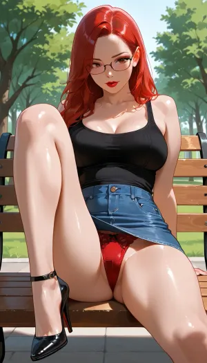 front view, realistic, 1girl, glasses, flattered, horny, full breasts, sitting an bench in park, spread one leg, (red lipstick), denim skirt, black tank top, red panties, high heel pumps
