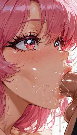 kawaii girl, (1990s anime style:1.2), shiny and greasy, (big sparkling eyes:1.2), (extra long eyelashes:1.4), (mismatched eyelashes:1.35), (thin eyebrows:1.2), full glossy lips, (big nostrils:1.3), (flared nostrils:1.3), hair clumps, big hair, (bangs intakes:.6), (slimy hair:.8), glossy hair, pink hair, (blush:1.3), (cheeks hollowed:1.1), (pursing lips:1.4), (puckered lips:1.2), (dripping cum in nostrils:1.2), (vacuum fellatio:1.3), fellatio, (irrumatio:1.4), (penis in mouth:1.2), (small penis:1.3), cum in mouth, (cum dripping from nose:1.3), (ahegao:1.2), (ecstasy:1.3), black thick outlines, bold outlines, retro cel shading, vibrant colors, glossy colors, bright lighting, bloom, rens flare, (bold shadows:.3), dynamic angle, side view, 1000 layer, masterpiece, best quality, ultra detailed, high resolution, 8k wallpaper, <lora:add-detail-xl:1.2>, <lora:attractive_notrigger:1.2>, <lora:detailed_notrigger:1.2>, <lora:LCMTurboMix_Euler_A_fix:1.2>