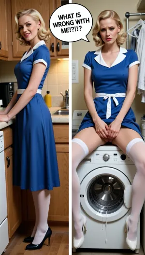 (side-by-side, two pictures, of the same 1940's house wife, tall and skinny 21yo blonde woman, 1940's hair do, pale woman, classy makeup, with tall narrow nose and narrow long face:1.5), BREAK, left picture, (((Fully clothed:1.6))), (((1940's conservative blue dress:1.6))), heals, full makeup, (She is wearing a 40's style long dress:1.6), (white panty hose), standing in kitchen doing house chores. Happy and joyfull of her perfect life., ((smiling)), right picture, 1940's house wife, dressing in same clothes as woman on left picture, same woman, laundry room, (((sitting on top of a washing machine:1.6))), (((legs down spread:1.6))), (((worried expression:1.6))), (((confused expression:1.6))), (((white cum leaking from vagina:1.6))), (((looking down at at her pussy))), (((same 1940's conservative blue dress:1.6))), (She is wearing a 40's style dress:1.9), (((white panty hose))), (small breasts:1.1), (((hiking up dress to expose pussy with both hands:1.6))), (Blonde hair done in 40's style hair do), ((masterpiece, best quality, incredible detail, perfect lighting, ultra high skin detail:1.6)), (((1940's pin up style artwork:1.3))), (((speech bubble "WHAT IS WRONG WITH ME!?!?"))), (((The woman is the same woman on dressed the same on both pictures))), .