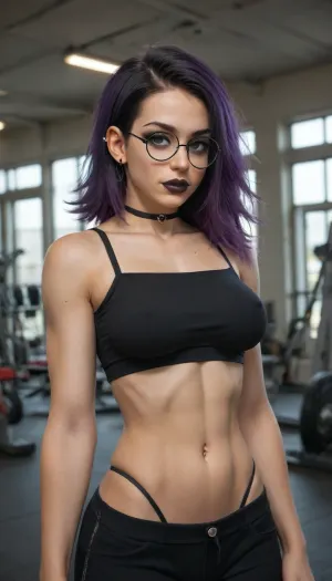shallow depth of field, 85mm lens, 18-year-old, beautiful, athletic, young, (((gothic))), female, purple hair, ((black eye shadow, black lipstick)), tanned skin, tight large breasts, ((small round glasses)), ((small plain Lycra micro crop top with Lycra bottoms)), posing sexy in a modern gym, warm glow, cinematic atmosphere