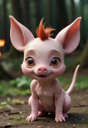(((visually adult))), charming female imp, very small and skinny body, red-brown skin, tiny horns, large pointed ears, piggy nose piglet, large mouth, small sharp teeth, flat-chested, long tail with a heart on the end, plump vagina, hooves instead of feet
