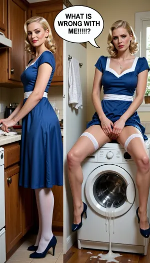 (side-by-side, two pictures, of the same 1940's house wife, tall and skinny 21yo blonde woman, 1940's hair do, pale woman, classy makeup, with tall narrow nose and narrow long face:1.5), BREAK, left picture, (((Fully clothed:1.6))), (((1940's conservative blue dress:1.6))), heals, full makeup, (She is wearing a 40's style long dress:1.6), (white panty hose), standing in kitchen doing house chores. Happy and joyfull of her perfect life., ((smiling)), right picture, 1940's house wife, dressing in same clothes as woman on left picture, same woman, laundry room, (((sitting on top of a washing machine:1.6))), (((legs down spread:1.6))), (((worried expression:1.6))), (((confused expression:1.6))), (((white cum leaking from pussy:1.6))), (looking down at the mess she made), (((same 1940's conservative blue dress:1.6))), (She is wearing a 40's style dress:1.9), (small breasts:1.1), (((hiking up dress to expose pussy with both hands:1.6))), (Blonde hair done in 40's style hair do), ((masterpiece, best quality, incredible detail, perfect lighting, ultra high skin detail:1.6)), (((1940's pin up style artwork:1.3))), (((speech bubble "WHAT IS WRONG WITH ME!?!?"))), (((The woman is the same woman on dressed the same on both pictures))), .