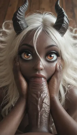 (Jack cayless art style), SnowStyle, high quality fantasy art of a beautiful adorable super cute demon futa, glowing within, delicate, kawaii, adorable, a dark demon futa with black horns, (black skin:1.6), hand presses head down, (beautiful face:1.6), (old milf:.8), pov_deepthrt, deepthroating, a, man's, penis, blsdp, (huge penis:1.3), holding hands by the horns, futanari, <lora:SDXLFestiveSnow:.2>, <lora:BD1.1-000009:1.1>, <lora:concept_pov_dt_xl2-000020:1.1>