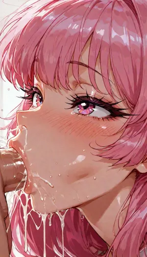 kawaii girl, (1990s anime style:1.2), shiny and greasy, (big sparkling eyes:1.2), (extra long eyelashes:1.4), (mismatched eyelashes:1.35), (thin eyebrows:1.2), full glossy lips, (big nostrils:1.3), (flared nostrils:1.3), hair clumps, big hair, (bangs intakes:.6), (slimy hair:.8), glossy hair, pink hair, (blush:1.3), (cheeks hollowed:1.1), (pursing lips:1.4), (puckered lips:1.2), (dripping cum in nostrils:1.2), (vacuum fellatio:1.3), fellatio, (irrumatio:1.4), (penis in mouth:1.2), (small penis:1.3), cum in mouth, (cum dripping from nose:1.3), (ahegao:1.2), (ecstasy:1.3), black thick outlines, bold outlines, retro cel shading, vibrant colors, glossy colors, bright lighting, bloom, rens flare, (bold shadows:.3), dynamic angle, side view, 1000 layer, masterpiece, best quality, ultra detailed, high resolution, 8k wallpaper, <lora:add-detail-xl:1.2>, <lora:attractive_notrigger:1.2>, <lora:detailed_notrigger:1.2>, <lora:LCMTurboMix_Euler_A_fix:1.2>