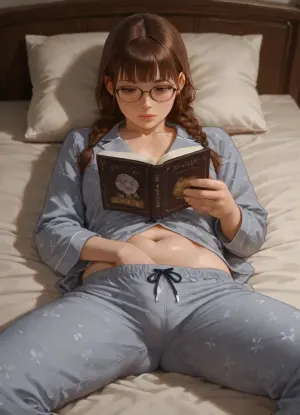 photorealistic, high quality, woman, (brown braids), freckles, glasses, reading book, flat chest, (plump:1.1), (grey pajamas), (), (on bed), hand in pants, legs spread wide
