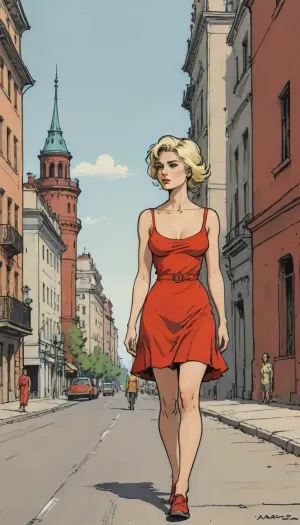 (detailed drawing with clean lines and meticulous shading, flat colors, line art, no gradients), hot naughty blonde in red short summer dress walking down the street, Stalin empire style buildings in background, the soviet era, USSR epoch, <lora:Moebius (Jean Giraud) Style:1.5>, <lora:outline_xl_kohaku_delta_spv5x:2>, <lora:lineartSDXL:.5>, <lora:sketch_it:2>