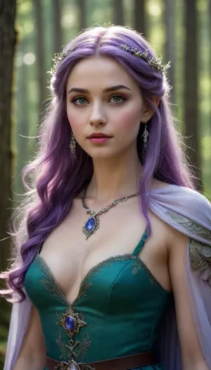Here is the elven princess Lirianna, who is the subject of ballads in ten kingdoms, and even the harsh mountain trolls whisper her name with reverence.
Her hair is the color of moonlight silver — long, flowing, as if woven from night light and a thin web of stars. They fall freely all the way to the ground, and tiny crystals are woven into them, which ring softly with every step, like the distant chime of crystal bells.Lirianna's face is thin, almost ethereal, high cheekbones, a straight, elegant nose and a slightly raised chin, in which one can read both the pride of the family and the willingness to protect their people. Her skin is pale, like the petals of a mountain edelweiss, and a subtle pattern barely flickers on it, ancient runes that appear only in the moonlight — a sign of her magical heritage.
Her eyes are unusual, one is the color of amethyst, the other is emerald, as if each has its own element. There is no cold detachment in them — on the contrary, the wisdom of the ages and a slight sadness from how many secrets she has learned flicker in the depths of her gaze. Long eyelashes, glowing purple, make the look even more mysterious.Lirianna's lips are soft, a warm pinkish‑purple shade, and her smile is rare, but such that even the darkest wizards forget their dark intentions for a moment.She is not dressed in magnificent ball gowns, but in an outfit worthy of a warrior and a sorceress, a light cloak made of fabric shimmering with all shades of twilight, on top of which is a thin armor made of silver metal, decorated with engraving in the form of forest branches and stars. On his belt is a blade with an ebony hilt inlaid with moonstone, which glows when magic lurks nearby. Around her neck is an amulet, a drop of frozen light in a silver frame, a family heirloom passed down from generation to generation.She walks through the enchanted forest as if she were a part of this world, she doesn't break a single branch, doesn't disturb a single bird. Her footsteps are noiseless, and silence seems to be gathering around her — the same one in which you can hear the trees whispering and the distant stars singing.
But behind this