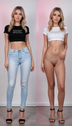 (masterpiece, ultra-detailed, best quality), photo-realistic, hyper-realism, clear image, full body shot, cute, pretty, stunning 23 year old, girl standing, large elastic breasts, (expensive black high heeled sandals:1.3), (strait-on, frontal body), naked, realistic skin with blemishes, realistic studio lighting, shaved innie pussy, beautiful slim face, blonde hair, short bangs, (too skinny:1.2), detailed realistic tanned skin, detailed realistic face, slender body, small ass, (same person, same pose, same angle), (2Split screens, 2split views, onoff:1.2), (Ankle length denim jeans and white t-shirt:1.3), (simple light-blue and pink background), BREAK, <lora:OnoffXL_ExtraCrispy:.7>