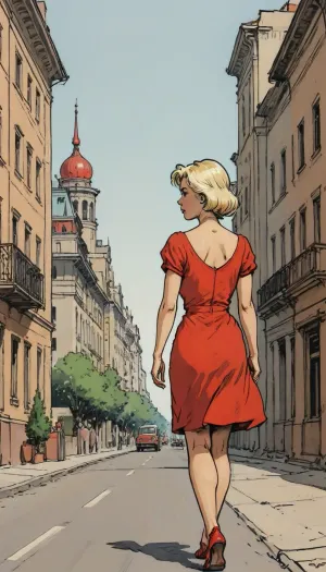 (detailed drawing with clean lines and meticulous shading, flat colors, line art, no gradients), hot naughty blonde in red short summer dress walking down the street, Stalin empire style buildings in background, the soviet era, USSR epoch, <lora:Moebius (Jean Giraud) Style:1.5>, <lora:outline_xl_kohaku_delta_spv5x:2>, <lora:lineartSDXL:.5>, <lora:sketch_it:2>
