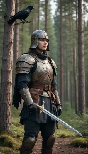 (in style of Konstantin Vasiliev paintings), slavic beauty in Russian style combat gear, Russian armor, Russian helmet, after a battle, stands over a defeated enemy leaning on a long sword, a raven sits on her shoulder, dense spruce forest in background