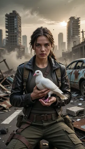 Hyper-realistic wide-angle cinematic portrait shot on 35mm film grain, set in a vast, hostile post-apocalyptic urban wasteland under a heavy, toxic ashen sky. The atmosphere is filled with dense industrial smog and dust motes illuminated by a distant, veiled sun. In the center, a strikingly beautiful young woman in her early twenties is kneeling among buckled asphalt, rusted car frames, and shattered concrete debris. She possesses striking, symmetrical facial features, high prominent cheekbones, clear green-hazel eyes, a delicate nose, and faint freckles beneath light soot grime. Her rich auburn hair is styled in a loose, textured braid with soft strands framing her face. Her expression is calm, intense, and deeply expressive. She holds a pristine white dove in her palms, her bare hands are positioned in a simple, elegant resting grip, with clean, well-defined, anatomically correct fingers lightly supporting the bird. The dove's pink feet rest naturally on her skin without clipping. She wears scavenged survivor gear, a fitted, worn dark brown leather jacket over a textured thermal shirt, a tactical utility harness, and rugged olive cargo pants. Towering ruined skyscrapers form hollow husks in the background. Shot on a prime 35mm lens at f/2.8, creating rich volumetric depth of field with cinematic bokeh, keeping her striking face, flawless hands, and the white dove in razor-sharp focus