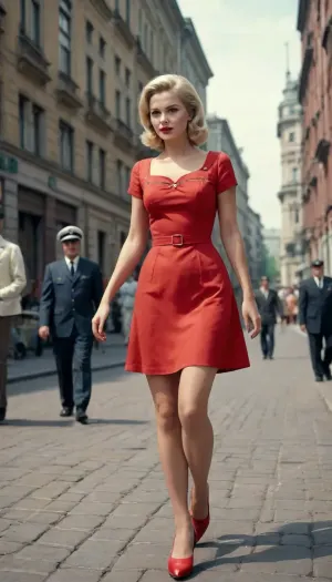 (detailed drawing with clean lines and meticulous shading, flat colors, line art, no gradients, line drawing, clearly drawn contours, contour lines, non-gradient base flat colors, limited palette, base colors), hot naughty blonde right from 1960s in red short summer dress walking down the street, Stalin empire style buildings in background, the soviet era, USSR epoch, 1960s entourage