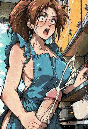 ((markgavatino style)), Melkor mancin style, 3/4 angle view, huge tits, erect nipples, aakasumi, long, hair, brown, low, ponytail, over, shoulder, eyes, wearing a blue apron with no bra and nothing below, shocked, unseen man with huge penis ejaculating, handjob, apron covered in cum, sideboob, kitchen, <lora:Penis_XL:.5>, <lora:shocked:.5>, <lora:EnvyBeautyXL02:.8>, <lora:mk_Bp Anime_xl:.8>, <lora:tendou_kasumi_animagine_v1:1.5>