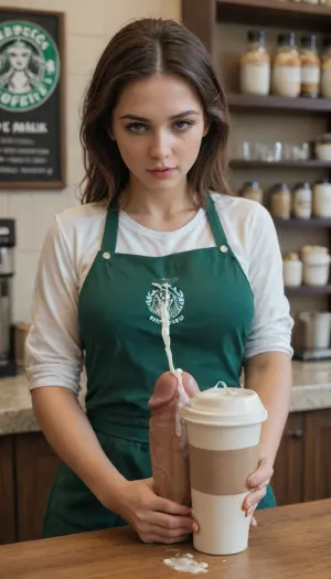Starbucks, 1futa, huge_cock, ejaculating, cumming in coffee, coffee with dickmilk