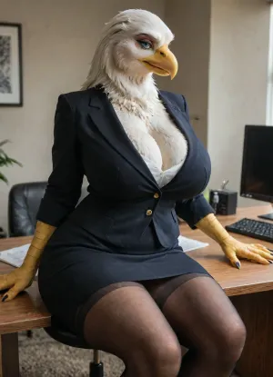 Masterpiece, high Quality, simple background, Best Quality, Office room, intricate detail, intricate details, ultra-HD, ((avian female, bald eagle, Beautiful face, makeup, anthrofied, avian)), massive breasts, wide hips, lean thighs, finger claws, lean body, (glossy glistering body:1.2), (female wearing black transparent thighsocks, Open Office jacket, skirt), blue eyes, beautiful composition, (((furry art, antro woman))), high contrast, amazing composition, volumetric lighting, high detail, depth of field, desk, sitting, seductive pose, <lora:LCMTurboMix_Euler_A_fix:.8>