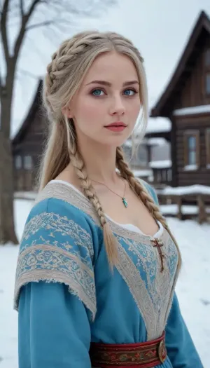 (detailed drawing with clean lines and meticulous shading, flat colors, line art, no gradients), young slavic beauty, bright blue eyes, ash-coloured hair, gorgeous figure, 16th century Russian dress, (full-bofy view), (fantasy art, artwork), in winter, medieval russian village