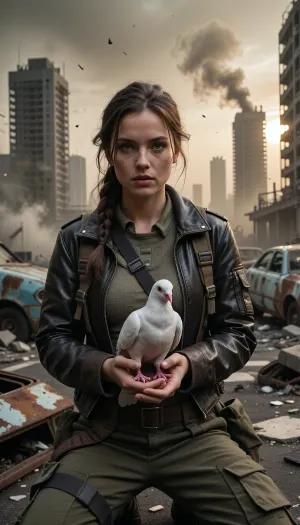 Hyper-realistic wide-angle cinematic portrait shot on 35mm film grain, set in a vast, hostile post-apocalyptic urban wasteland under a heavy, toxic ashen sky. The atmosphere is filled with dense industrial smog and dust motes illuminated by a distant, veiled sun. In the center, a strikingly beautiful young woman in her early twenties is kneeling among buckled asphalt, rusted car frames, and shattered concrete debris. She possesses striking, symmetrical facial features, high prominent cheekbones, clear green-hazel eyes, a delicate nose, and faint freckles beneath light soot grime. Her rich auburn hair is styled in a loose, textured braid with soft strands framing her face. Her expression is calm, intense, and deeply expressive. She holds a pristine white dove in her palms, her bare hands are positioned in a simple, elegant resting grip, with clean, well-defined, anatomically correct fingers lightly supporting the bird. The dove's pink feet rest naturally on her skin without clipping. She wears scavenged survivor gear, a fitted, worn dark brown leather jacket over a textured thermal shirt, a tactical utility harness, and rugged olive cargo pants. Towering ruined skyscrapers form hollow husks in the background. Shot on a prime 35mm lens at f/2.8, creating rich volumetric depth of field with cinematic bokeh, keeping her striking face, flawless hands, and the white dove in razor-sharp focus