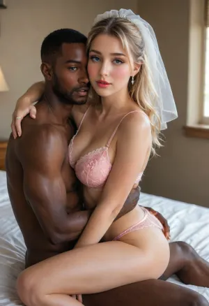 Photorealistic, (interracial couple:1.7), Sexy bride has sex with a strong Black man. 1woman, 30yo, straddling him, on his lap, facing him, her legs are wrapped around him, highly detailed perfect female hands, wedding ring, blonde braided updo hairstyle, (beautiful:1.8), highly detailed face, (highly detailed wide open eyes), looking at the viewer, defined cheek bones, small features, thin nose, (mouth open), (shocked expression:1.2), (blushing bright pink cheeks:1.6), (curvy:1.7), (oiled skin), natural medium breasts, (sexy White Agent_Provocateur wedding floral lace bra:1.5), (cleavage:1.4), (no panties), micro-waist, ultra-wide hips, bubble butt, long sexy legs, bridal veil, (embracing him as he fucks her:1.6), (face-off sex position:1.5), (deep penetration:1.4), (1man:1.7), Black, (sitting upright on the edge of the bed), facing her, (ultra-muscular:1.5), (attractive:1.8), tall, (highly detailed male face:1.8), highly detailed eyes wide open, strong features, highly detailed male hands, (chaotic tone:1.7), in a honeymoon suite, bed, windowsill, huge window, city-scape scene through the window in background, luxury modern hotel, sunset, (side view:1.5), (close-up:1.3), (source_real), ultra-realistic, RAW photo, DSLR, sharp focus, Canon EOS R5, 85mm lens perspective, f/1.8, shallow depth of field, medium shot, eye level, subject in sharp focus, background softly blurred, (bokeh), highly detailed skin texture, visible pores, subsurface scattering, consistent limb length, correct anatomical proportions, natural color grading, warm 3200K golden hour tones, cinematic composition, rule of thirds, ultra-high resolution, 4K / 8K, highly detailed, masterpiece, best quality, intricate details, score_9, score_8_up, score_7_up, <lora:dAIversityUnderstandingXLRealistic:.5>, <lora:attractive_notrigger:2>, <lora:Portrait_perfection:.8>, <lora:EnvyBetterHiresFixXL01:.8>