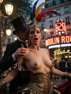 Extremely detailed, vivid photographs of a Parisian cabaret from the early 1900s. A beautiful French dancer with an expression of shock and surprise on her face, wearing a headdress with tall, multicoloured feathers, is dressed in a cabaret costume with an unfastened corset, revealing her natural, small breasts and stomach. Behind her, a mysterious man in a tall top hat gently places his hand on her shoulder. The background lighting creates the warm, diffused glow of old-fashioned gas street lamps. In the background is the iconic sign bearing the French inscription ‘Moulin Rouge’ and the architecture of the Belle Époque era. Realistic facial expressions, dynamic movements, detailed vintage fabrics, a softly focused background, an authentic Parisian atmosphere of the early 1900s, ultra-sharp focus on subjects, highly detailed eyes, award-winning photography.