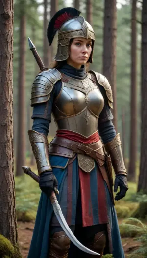 (detailed drawing with clean lines and meticulous shading, flat colors, line art, no gradients, line drawing, clearly drawn contours, contour lines, non-gradient base flat colors, limited eight colors palette), slavic beauty, female warrior in ancient Russian style combat gear, ancient Russian armor, ancient Russian helmet, after a battle, stands over a defeated enemy leaning on a long sword, her hands in right position on hilt of the sword, a raven sits on her shoulder, dense spruce forest in background