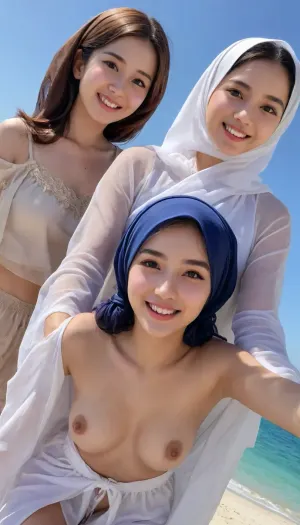 petite asian hejab muslimah, 3girls, extremely detailed face, happy smile, small breasts, perky chest, soft sheer kaftan, (undercap covering hair), (braless:1.3), rimlight, strong front shadow, beach, clear blue sky, selfie, hentai anime style