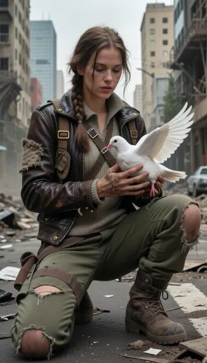 Hyper-realistic wide-angle cinematic portrait shot on heavy 35mm film grain, set within a vast post-apocalyptic city wasteland. A young woman in her early twenties, surviving in a harsh wasteland, is kneeling on both knees directly upon the shattered asphalt of a ruined thoroughfare. Her entire focus is on her hands, which are central to the composition and locked in razor-sharp focus. Her calloused, dust-caked hands gently cup a stark white domestic dove. The woman's survivor attire reflects a functional, scavenged Mad Max and Fallout aesthetic, a worn, weathered dark brown leather biker jacket heavily patched with hand-stitched coarse canvas and reinforced with tarnished brass rivets, thrown over a faded, frayed thermal knit shirt and a rugged utility harness fitted with tarnished carabiners and small pouches. She wears heavily faded olive-drab canvas cargo trousers, shredded at the knees and stained with old oil and dried mud, tucked into heavy, scuffed leather combat boots with thick, treaded rubber soles wrapped in protective cloth bindings. Her dirty auburn hair is loosely woven into a messy braid with stray strands framing a face streaked with soot and dry dust. Her expression is a quiet mixture of reverence, exhaustion, and hope. Her hands, positioned carefully in front of her chest, show a complex and clear anatomical layering, Her right hand, more visible, forms the base, with fingers curled naturally to support the dove's belly. Her left hand, partially obscured, is positioned intricately beneath and slightly over the right, its fingers woven around the right's to lock the form. The texture on both hands is rugged, dry, cracked skin, soot embedded in the knuckles, deep callouses on the palms, and dirt under the short, practical fingernails. The specific layering shows how the fingers of the left hand curl *around* and *under* the fingers of the right, creating a cohesive, logical anatomical basket structure with distinct finger joints and visible tendons, preventing any anatomical merge. The dove's immaculate white feathers tense, its wings half-spread and alert, ready to launch, held securely yet gently by this intricate weave. The environment is an absolute urban wasteland, towering concrete skyscrapers stand as hollowed-out skeletal husks with shattered windows and twisted rebar projecting from crumbling facades. The buckled street is littered with rusted, gutted car frames, burnt-out vehicle chassis, collapsed concrete slabs, scattered broken glass, and tangled copper wiring. A hazy, smoke-filled atmosphere grips the air, with tiny dust motes floating through. The visual scene is bathed in the dramatic, low-angle light of a golden hour sunset filtering through dense industrial smog and distant smoke plumes, casting warm directional amber highlights across the woman's face, the rugged texture of her clothes, the detailed grime on her interwoven hands, and the soft down feathers of the bird. Shot with a prime lens at f/2.8, creating