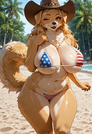 Masterpiece, high Quality, simple background, Best Quality, Ultra-HD, Beautiful Art, dynamic view, anthro female, Golden retriever woman, anthrofied, canine, thick lips, green eyes, black lips, wearing a american flag micro bikini, overweight body, (wink, winking left eye), alluring, areola slip, canine legs, cowboy hat, open legs, seductive pose, beach resort, detailed eyes, beautiful composition, intricate detail, intricate details, very awa, (((furry art, anthro woman))), high detail, (blurred background), best quality, <lora:add-detail-xl:1.2>, <lora:LCMTurboMix_Euler_A_fix:.8>