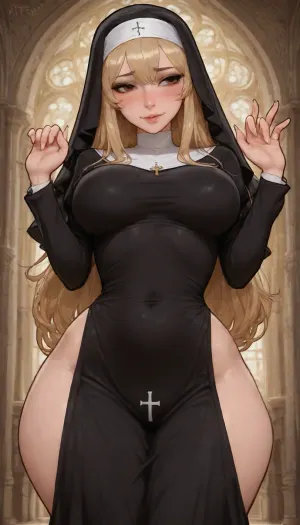 ((kittew art style:1.7)), ((thick black outline art:1.6)), (aroma style:2), (very skinny), nun, solo, cathedral, very sexy pose, blonde, long hair, (shy pose, horny shy expression:1.4), ((hq textures)), high contrast, (dramatic lighting:1)