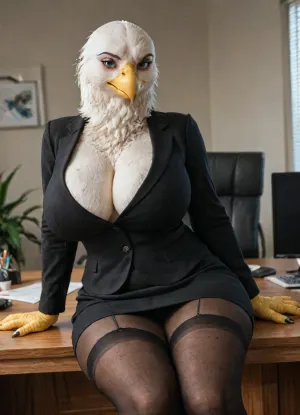 Masterpiece, high Quality, simple background, Best Quality, Office room, ((avian female, bald eagle, Beautiful face, makeup, anthrofied, avian)), massive breasts, wide hips, lean thighs, finger claws, lean body, (glossy glistering body:1.2), (female wearing black transparent thighsocks, Open Office jacket, skirt), blue eyes, beautiful composition, intricate detail, intricate details, ultra-HD, (((furry art, antro woman))), high contrast, amazing composition, volumetric lighting, high detail, depth of field, desk, sitting, seductive pose, <lora:LCMTurboMix_Euler_A_fix:.8>