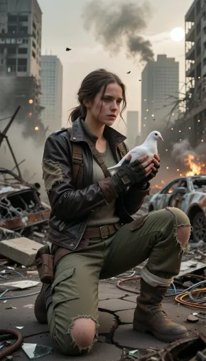 Hyper-realistic wide-angle cinematic portrait shot on heavy 35mm film grain, set within a vast, hostile post-apocalyptic urban wasteland under a crushing, toxic ashen sky. Masterpiece composition with flawless technical precision. The atmosphere is heavy with dense smog, chemical dust, and distant smoke plumes, with glowing dust motes floating through the space, illuminated by a pale, veiled sun and the flickering light of faraway fires. A young woman in her early twenties, surviving in this harsh wasteland, is kneeling upon cracked, buckled asphalt heavily eroded and littered with rusted, gutted car frames, burnt-out vehicle chassis, collapsed concrete slabs with exposed twisted rebar, scattered broken glass, and tangled copper wiring. Her entire focus is on her hands, central to the composition and locked in razor-sharp focus. She wears distressed, fingerless tactical gloves made of dark, worn leather with reinforced knuckles, revealing only her soot-caked, calloused fingertips. Her gloved hands gently cup a stark white domestic dove. Her survivor attire features a functional, scavenged Mad Max and Fallout aesthetic, a worn dark brown leather biker jacket heavily patched with coarse canvas and tarnished brass rivets, over a faded thermal knit shirt and a rugged utility harness fitted with small pouches. She wears heavily faded olive-drab canvas cargo trousers, shredded at the knees and stained with old oil and dried mud, tucked into heavy scuffed combat boots wrapped in cloth bindings. Her dirty auburn hair is loosely woven into a messy braid with stray strands framing a remarkably expressive face streaked with soot, dust, and sweat. Her expression is a quiet mixture of reverence, exhaustion, and hope. The background features towering concrete skyscrapers standing as hollowed-out skeletal husks with shattered windows and twisted metal frameworks. The scene is bathed in dramatic, ominous light filtering through heavy haze, casting harsh shadows across the woman's face, her rugged clothes, and her gloved hands with the perfectly rendered dove. Shot with a prime lens at f/2.8, creating a volumetric depth of field where the crumbling cityscape melts into soft background bokeh while keeping the woman, her gloved hands, and the fluttering dove in razor-sharp, flawless detail.