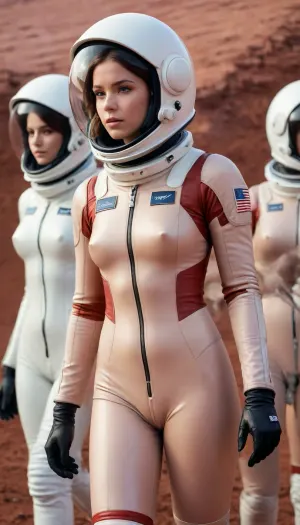 Hentai anime illustration by Bobby Abley, closeup portrait, award winning photography, 20 years old beautiful woman, supermodel body, thigh gap, very soft dark dim moody lighting, cinematic photo, Waist-up, muted photo portrait titled "a group of female astronaut in mars", walking, observing, shiny helmet ivory cold color palette, full body suits, textured thick fabric, zipper, gloves, muted colors, detailed, 8k, puffy cameltoe, high quality detailed mars surface, red sky, perfect lighting, outdoor, enhanced background. shot with leica summicron 35mm f2.0 lens on kodak portra 400 film, masterpiece, sexy, aesthetic, trending on pintrest, 35mm photograph, film, bokeh, professional, highly detailed, Radiant, in the style of Max Dupain, <lora:add-detail-xl:.9>, <lora:bralessSDXL_v1_00022:.1>