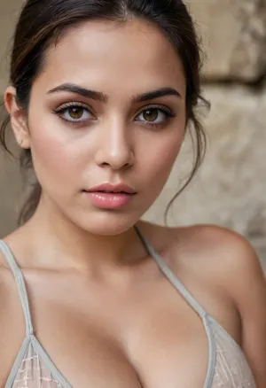 A professional outdoor fashion photograph of a 30-year-old Indian woman, average height, chubby and confident, big large saggy breast with light fair skin and long, light brown hair, glossy and smooth, worn loose with a slight side part. She has defined facial features, strong eyebrows, almond-shaped dark eyes, subtle smoky eye makeup, and natural rosy lips. Her expression is calm, confident, and alluring, with a direct gaze toward the camera.

She is fully naked

Her pose is strong and elegant, emphasizing a toned, athletic physique and natural curves.

The background is a softly blurred stone wall in neutral beige and gray tones, suggesting an outdoor setting. Natural daylight illuminates the scene evenly, creating soft highlights on the skin and a warm, sun-kissed look.

ultra-high resolution, shallow depth of field, sharp focus on the subject, swimwear editorial photography style, realistic skin texture, clean composition, no text, no watermark.., <lora:milkers_v2:.8>