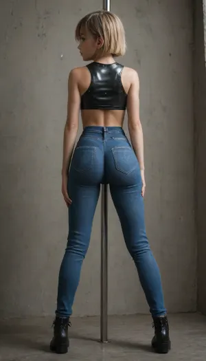 Full body view, (((front view:1.8))), (((hands in the back))), ((large and round bubble butt:1.5)), 18yo, (((young ebony))), but, (((looks younger))), sexy ebony, slim waist, black eyes, blond bobcut with bangs, (((tight jeans pants with leather crop top))), (leaning to a pole), high black boots, sad looking, <lora:Creat0r_MagicDetailzV2_FIX:1.4>, <lora:bottomheavy_v1_sdxl_LoRA:.9>, <lora:RMSDXL_Photo:2>