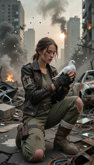 Hyper-realistic wide-angle cinematic portrait shot on heavy 35mm film grain, set within a vast, hostile post-apocalyptic urban wasteland under a crushing, toxic ashen sky. Masterpiece composition with flawless technical precision. The atmosphere is heavy with dense smog, chemical dust, and distant smoke plumes, with glowing dust motes floating through the space, illuminated by a pale, veiled sun and the flickering light of faraway fires. A young woman in her early twenties, surviving in this harsh wasteland, is kneeling upon cracked, buckled asphalt heavily eroded and littered with rusted, gutted car frames, burnt-out vehicle chassis, collapsed concrete slabs with exposed twisted rebar, scattered broken glass, and tangled copper wiring. Her entire focus is on her hands, central to the composition and locked in razor-sharp focus. She wears distressed, fingerless tactical gloves made of dark, worn leather with reinforced knuckles, revealing only her soot-caked, calloused fingertips. Her gloved hands gently cup a stark white domestic dove. Her survivor attire features a functional, scavenged Mad Max and Fallout aesthetic, a worn dark brown leather biker jacket heavily patched with coarse canvas and tarnished brass rivets, over a faded thermal knit shirt and a rugged utility harness fitted with small pouches. She wears heavily faded olive-drab canvas cargo trousers, shredded at the knees and stained with old oil and dried mud, tucked into heavy scuffed combat boots wrapped in cloth bindings. Her dirty auburn hair is loosely woven into a messy braid with stray strands framing a remarkably expressive face streaked with soot, dust, and sweat. Her expression is a quiet mixture of reverence, exhaustion, and hope. The background features towering concrete skyscrapers standing as hollowed-out skeletal husks with shattered windows and twisted metal frameworks. The scene is bathed in dramatic, ominous light filtering through heavy haze, casting harsh shadows across the woman's face, her rugged clothes, and her gloved hands with the perfectly rendered dove. Shot with a prime lens at f/2.8, creating a volumetric depth of field where the crumbling cityscape melts into soft background bokeh while keeping the woman, her gloved hands, and the fluttering dove in razor-sharp, flawless detail.