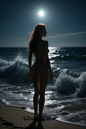 Ultra photorealistic cinematic night scene on a tropical Caribbean beach, wide shot from behind with strong silhouette composition, Linda, 30 years old Caucasian woman with long red hair, stand inside powerful surf, seen from the back, small firm buttt, (thigh gap:1.2), her body reduced to elegant dark silhouettes against a bright moonlit ocean horizon. The full moon sits high behind her, casting strong cold backlight, creating sharp rim lighting around their figures, clearly defining the contours of her nipples, their forms readable only through light outlines and shadow contrast. The ocean ahead is dark and powerful, waves crashing with visible white foam illuminated by moonlight, sea spray carried through the air, wind visibly affecting water and atmosphere, sand shifting slightly under their feet. Lighting high contrast cinematic low key, strong cold moonlight as primary backlight, minimal ambient fill, silhouettes clean and graphic, shallow depth of field with atmospheric haze toward the horizon, ultra detailed textures in motion of fabric, wind, water and hair, emotional tone focused on freedom, transition and surrender to the elements, no explicit detail, purely suggestive silhouette composition, masterpiece quality, longnips