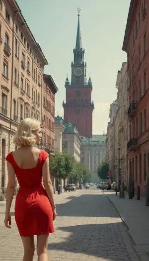 soviet posters style drawing, hot naughty blonde right from 1960s in red short summer dress walking down the street, Stalin empire style buildings in background, the soviet era, USSR epoch, 1960s entourage